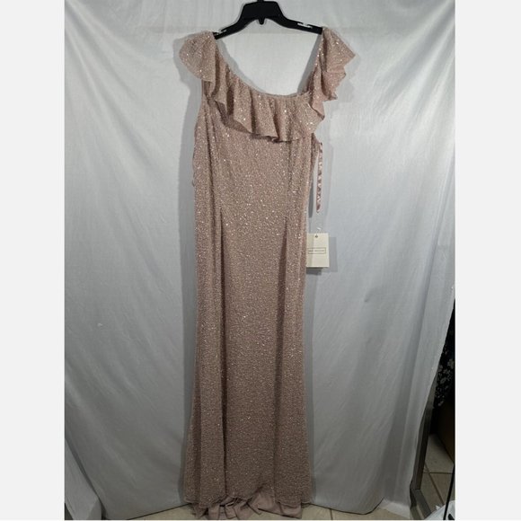 NWT $498 Mac Duggal [ 14 ] Sequined Drop Shoulder Trumpet Gown in‎ Mocha Pink - Picture 7 of 13
